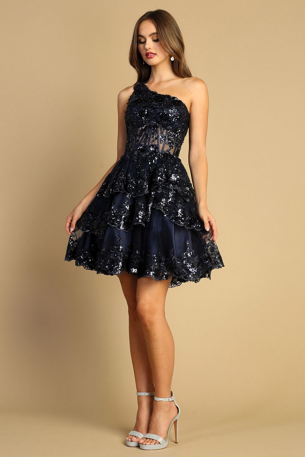 Cocktail Dresses Homecoming Sequin Applique Short Cocktail Dress  Navy