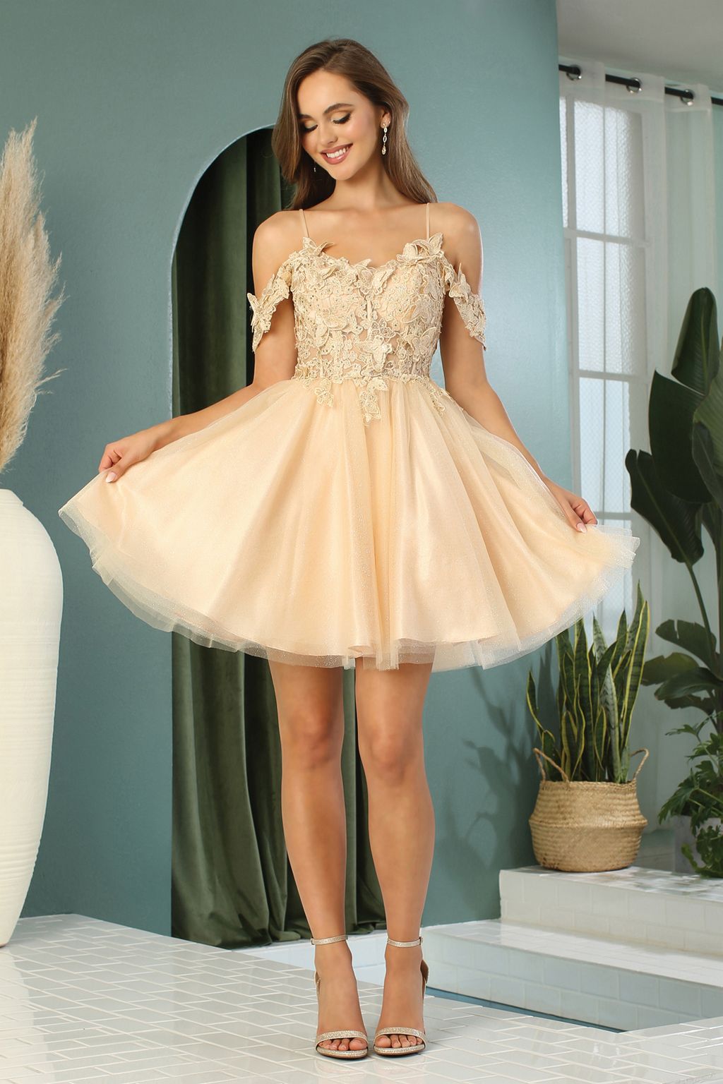 Adora Design 1052 Off Shoulder Glitter Applique A Line Mini Dress | Formal Dress Shops Champagne / S Adora Design 1052 Off Shoulder Glitter Applique A Line Mini Dress | Formal Dress Shops Champagne / S