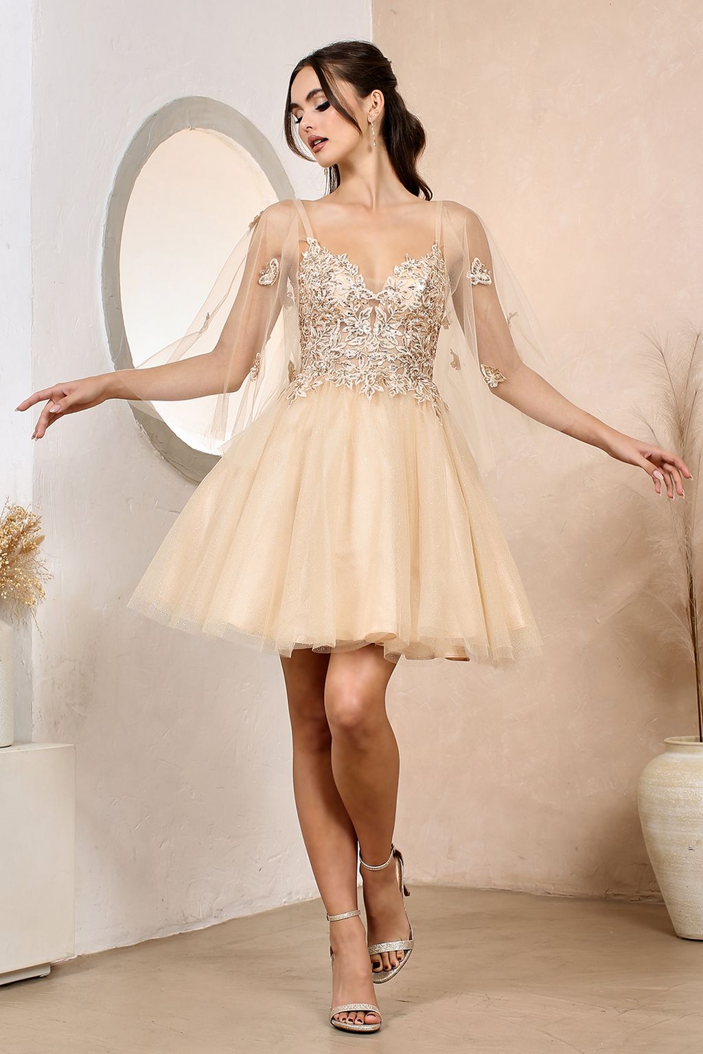 Adora 1053 A Line Prom Short Applique Homecoming Cape Dress