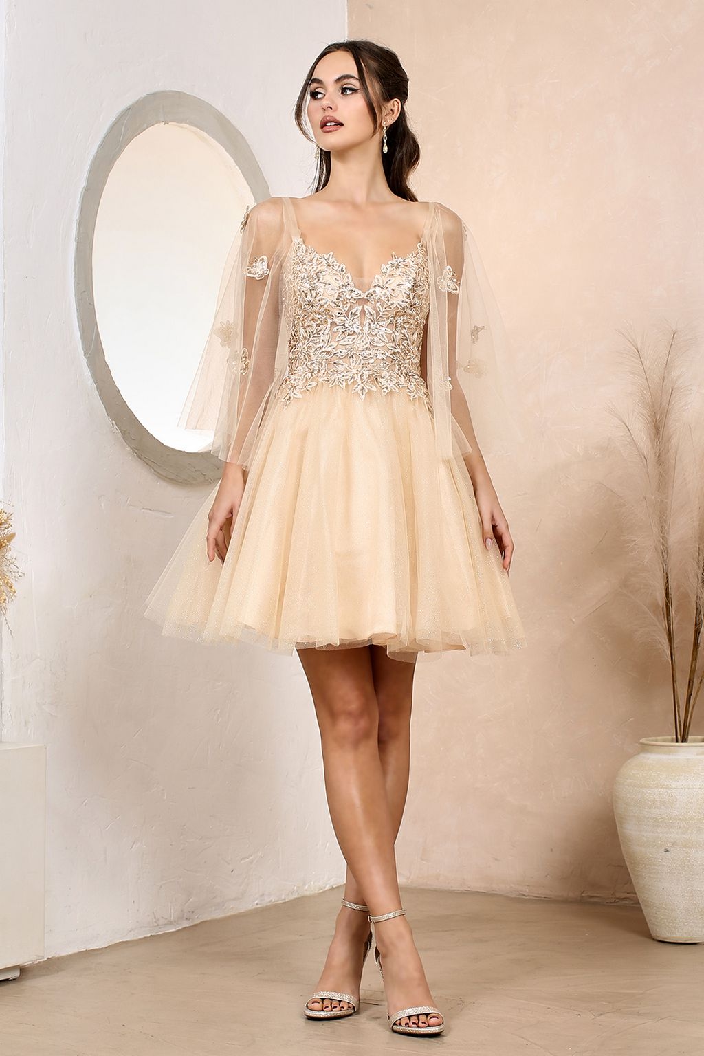 Adora 1053 A Line Prom Short Applique Homecoming Cape Dress