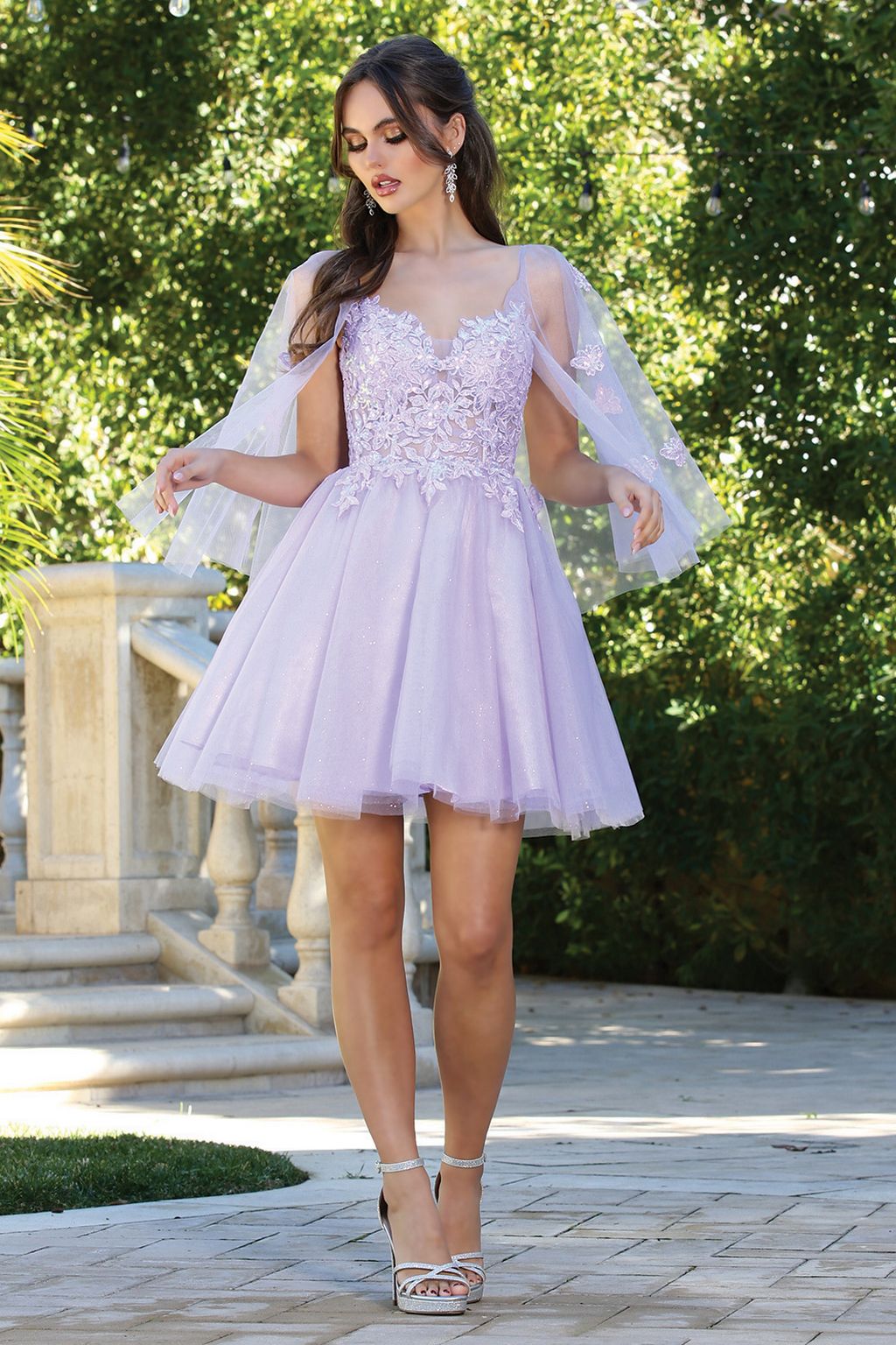 Adora 1053 A Line Prom Short Applique Homecoming Cape Dress