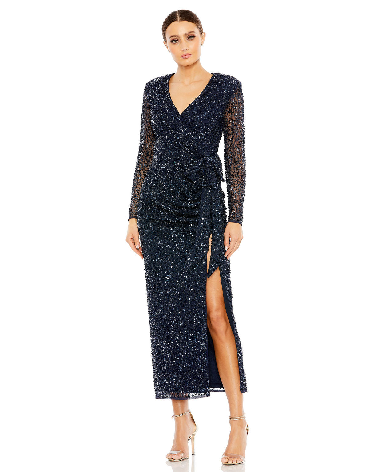 Mac Duggal 10558 Long Sleeve Sequin Formal Tea Length Dress