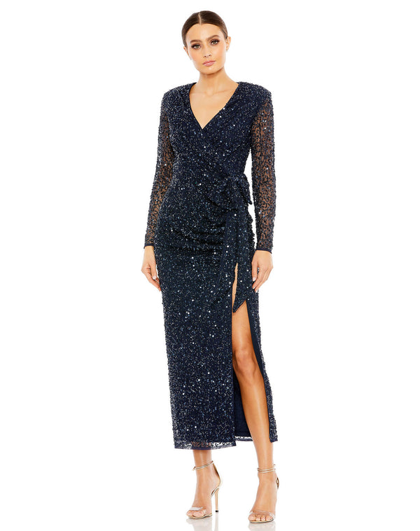 Long Sleeve Sequin Dress Formal Tea Length Mac Duggal 10558