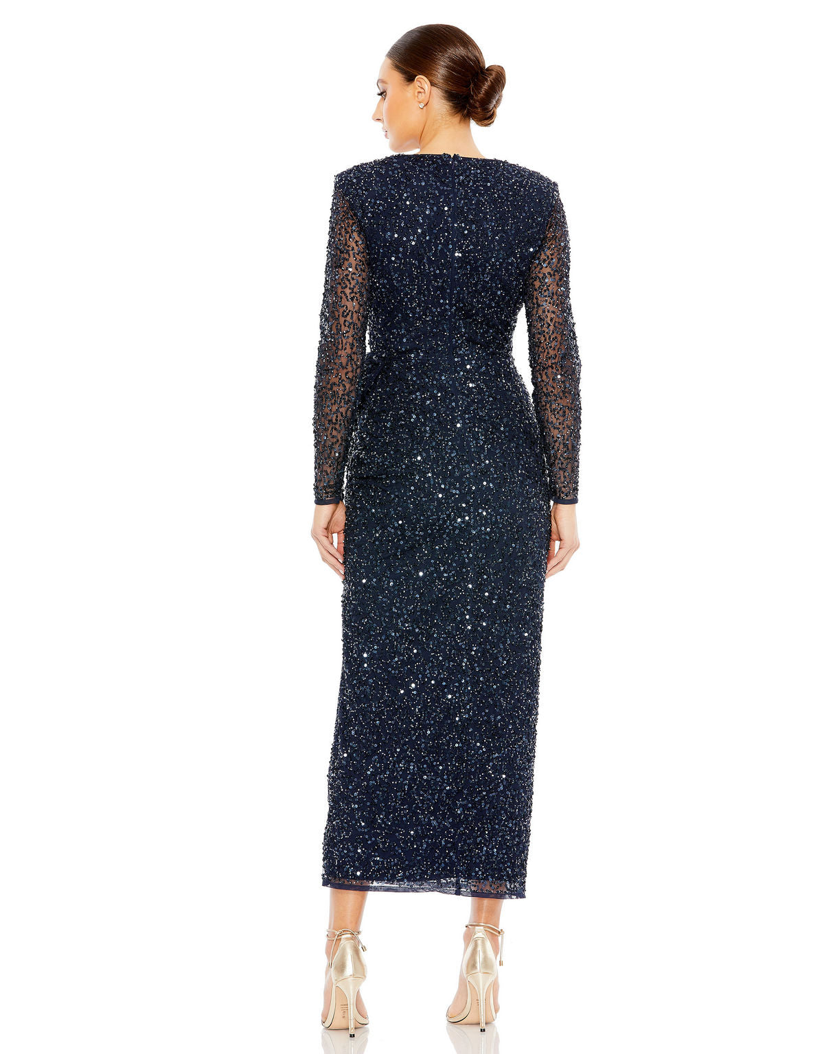 Mac Duggal 10558 Long Sleeve Sequin Formal Tea Length Dress