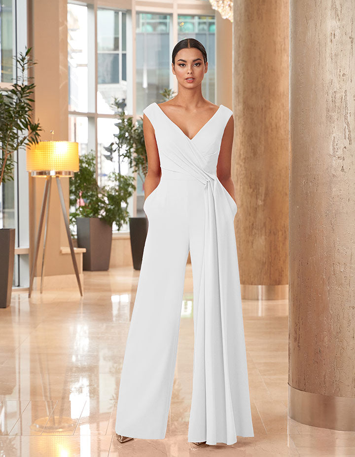 White Alexander by Daymor 1063 Long Ruched Formal Jumpsuit