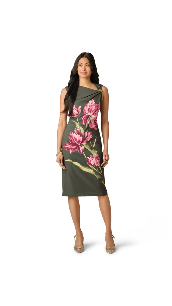 Adrianna Papell Asymmetrical Floral Print Stretch Crepe Midi Dress 106618