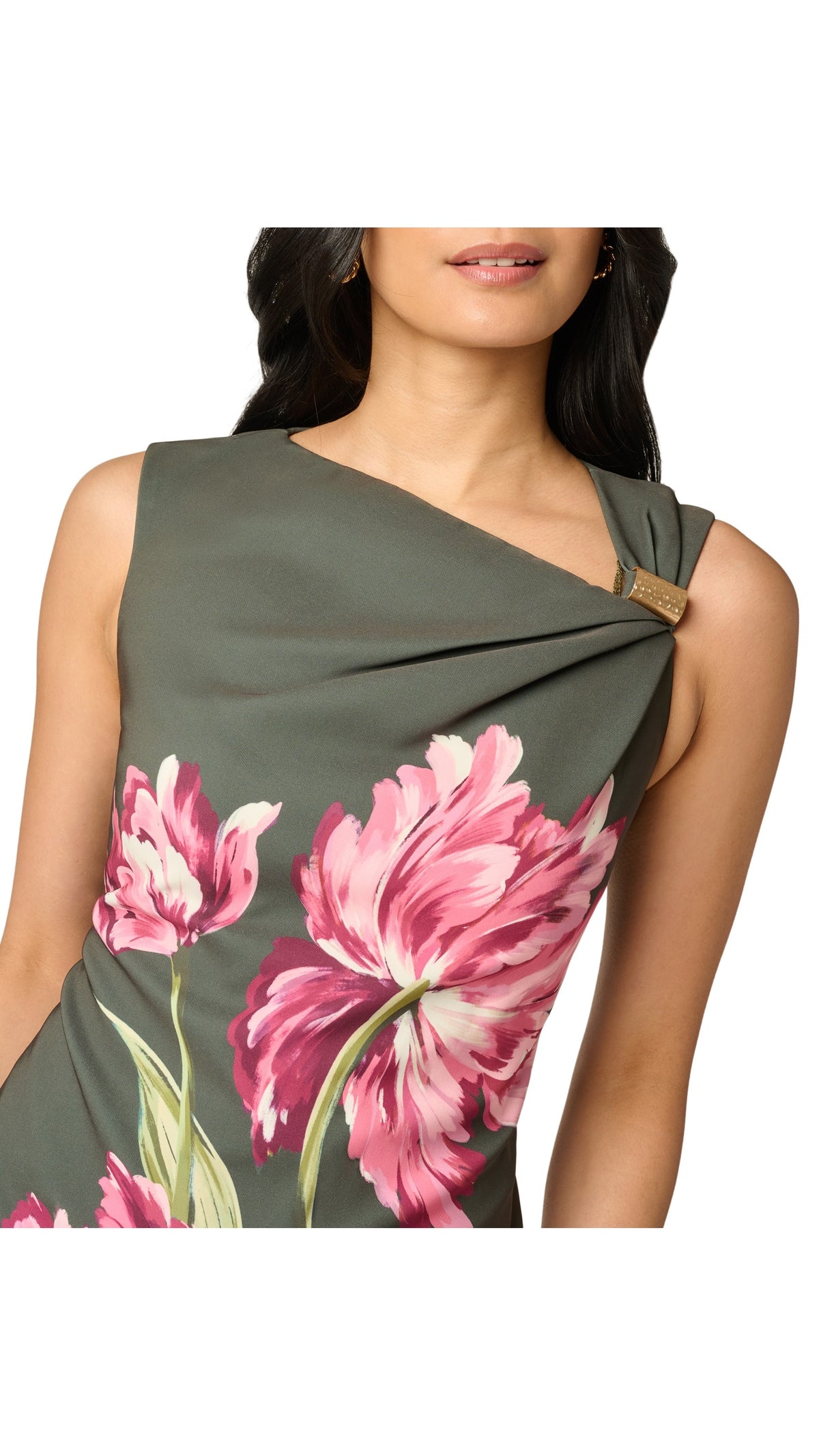 Adrianna Papell Asymmetrical Floral Print Stretch Crepe Midi Dress 106618