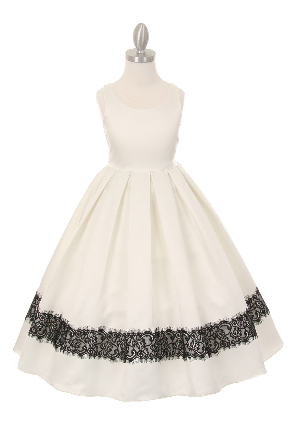 Scoop Neck Tea-Length Satin Lace-Trim Girls A-Line Dress Cinderella Couture 1069