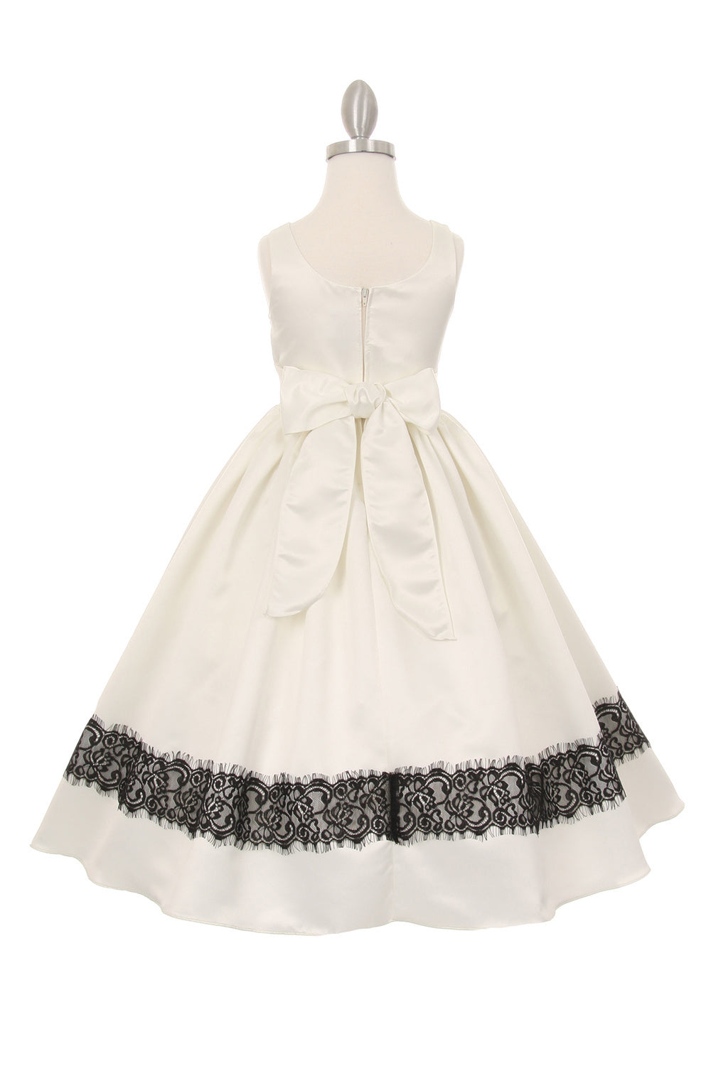 Scoop Neck Tea-Length Satin Lace-Trim Girls A-Line Dress Cinderella Couture 1069