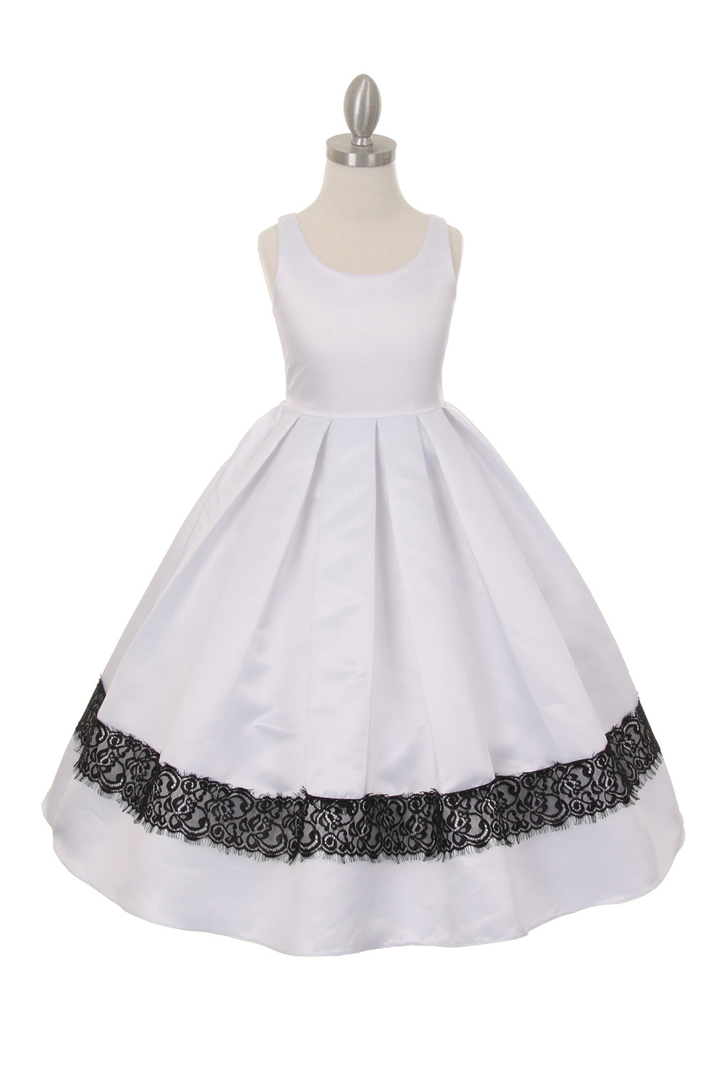 Scoop Neck Tea-Length Satin Lace-Trim Girls A-Line Dress Cinderella Couture 1069