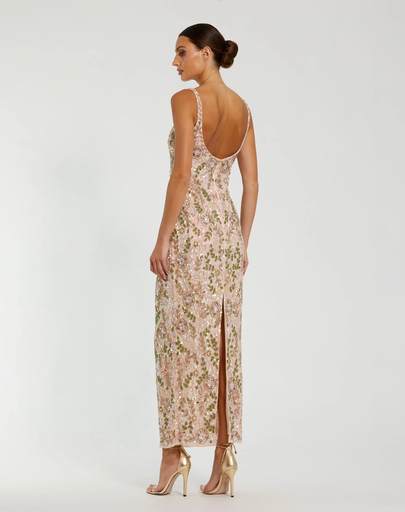 Formal Dresses Long Fitted Formal Beaded Floral Maxi Dress Nude Multi