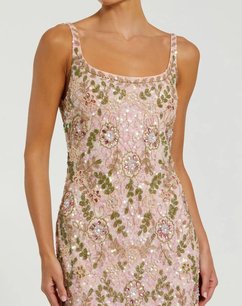 Formal Dresses Long Fitted Formal Beaded Floral Maxi Dress Nude Multi
