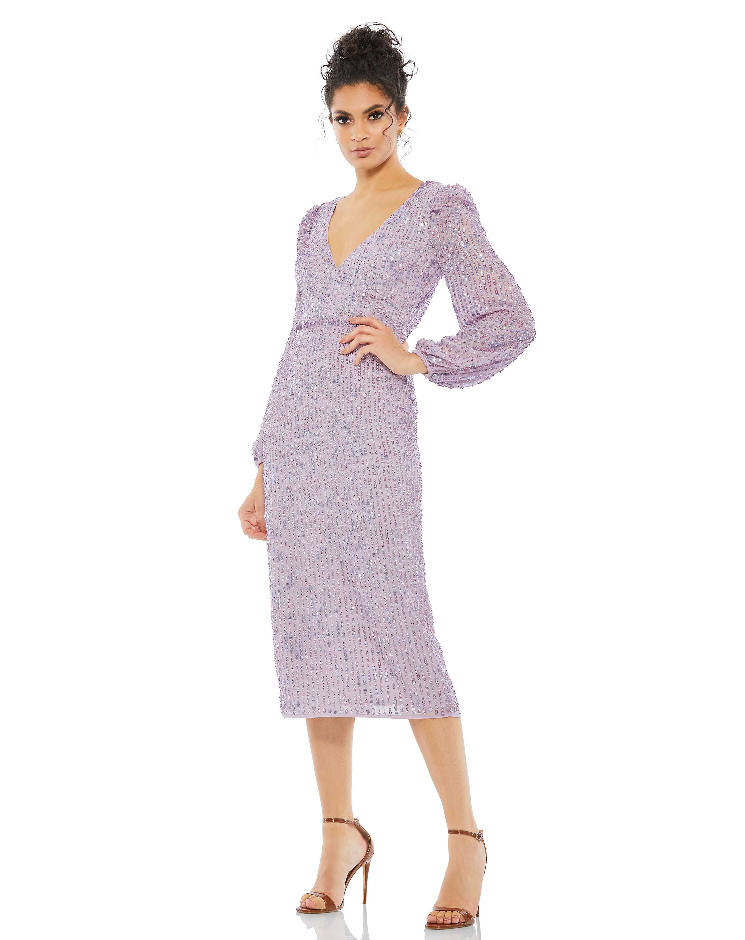 Mac Duggal Blouson Sleeve Sequined Surplice Midi Dress Nude, Size 2 Mac Duggal Blouson Sleeve Sequined Surplice Midi Dress Nude, Size 2