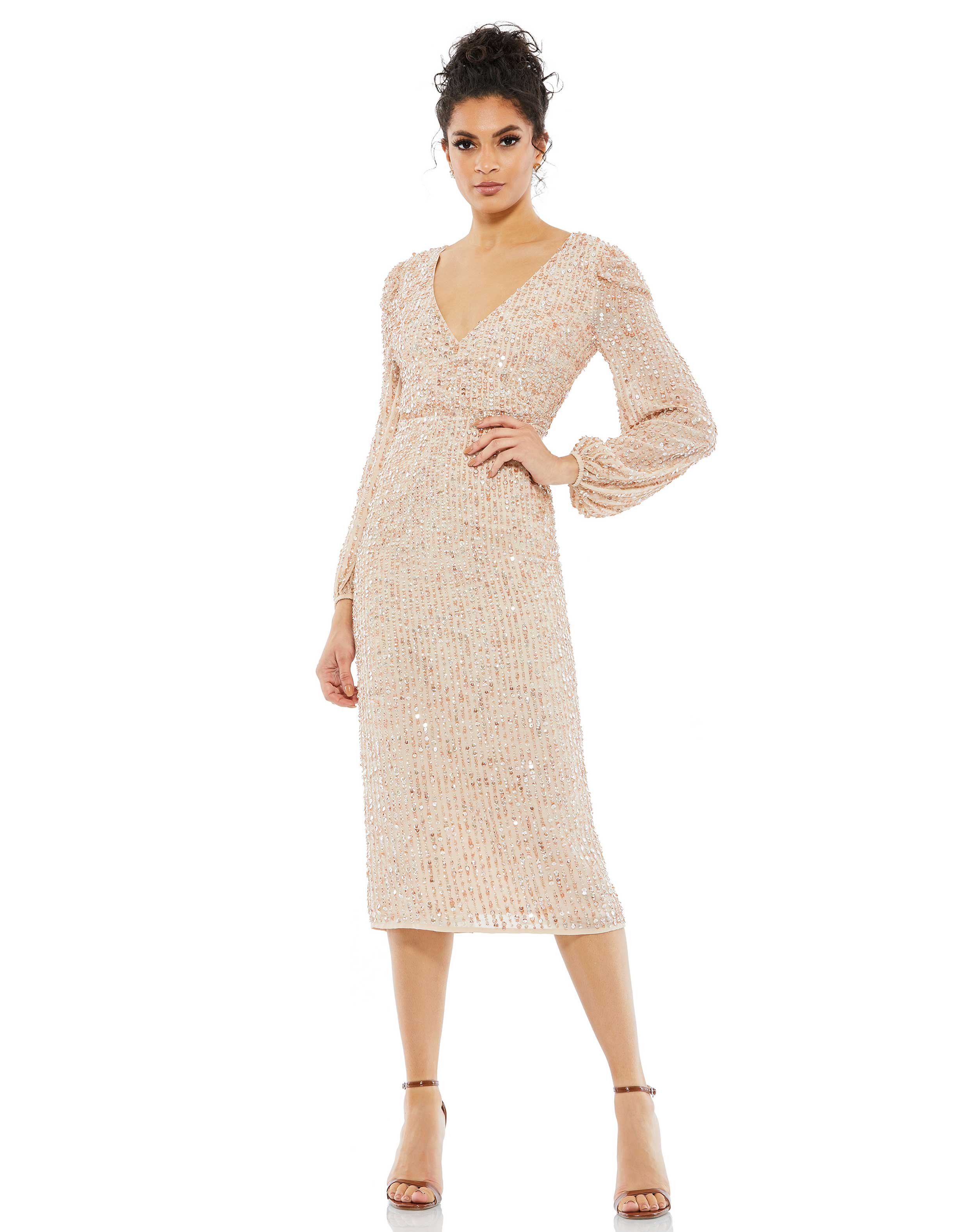 Mac Duggal Blouson Sleeve Sequined Surplice Midi Dress Nude, Size 2 Mac Duggal Blouson Sleeve Sequined Surplice Midi Dress Nude, Size 2