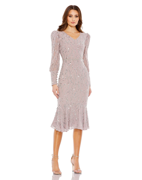 Long Sleeve Sequin Dress Cocktail Midi Mac Duggal 10767