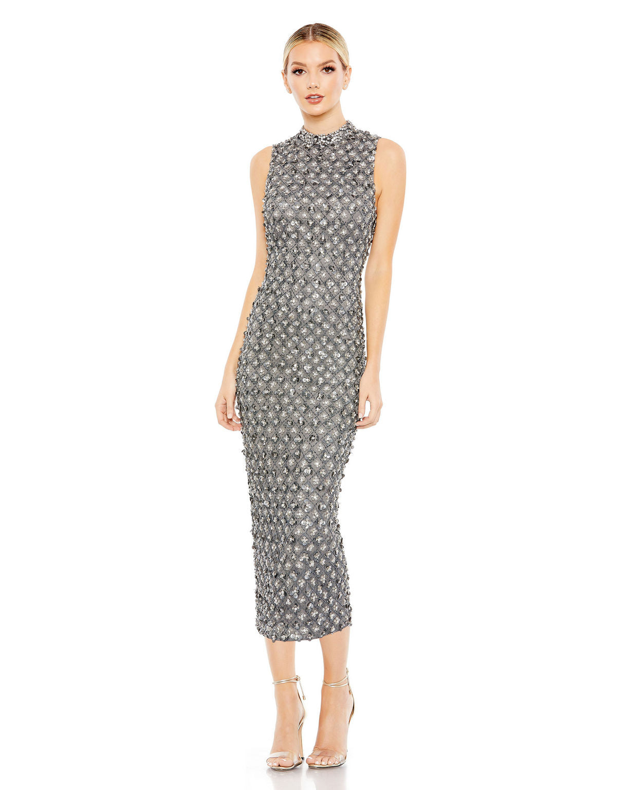 Charcoal Mac Duggal 10780 Short Cocktail Fitted Beaded Midi Dress for