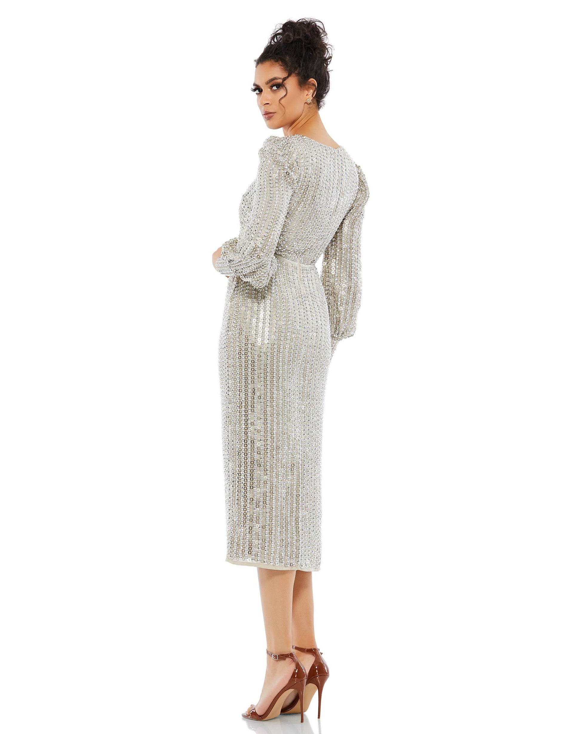 Mac Duggal 10809 Long Sleeve Formal Sequin Midi Dress