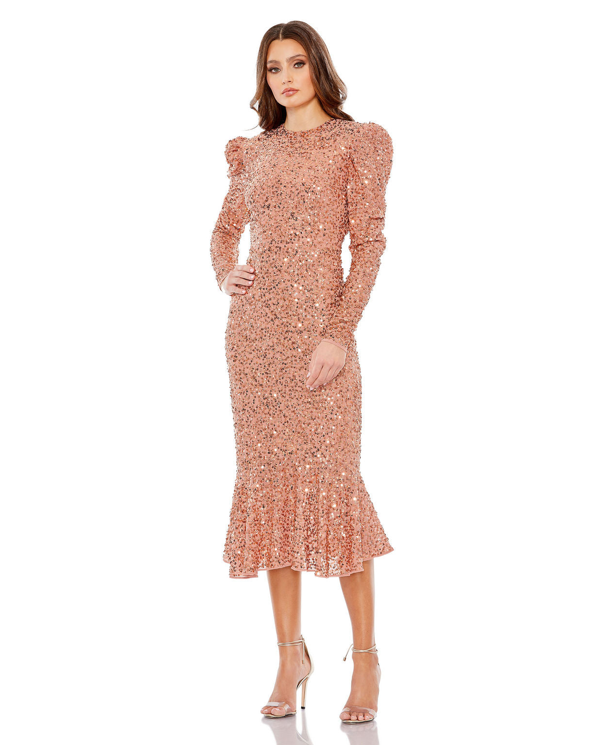 Navy Mac Duggal 10865 Long Sleeve Formal Sequin Midi Dress for $199.0