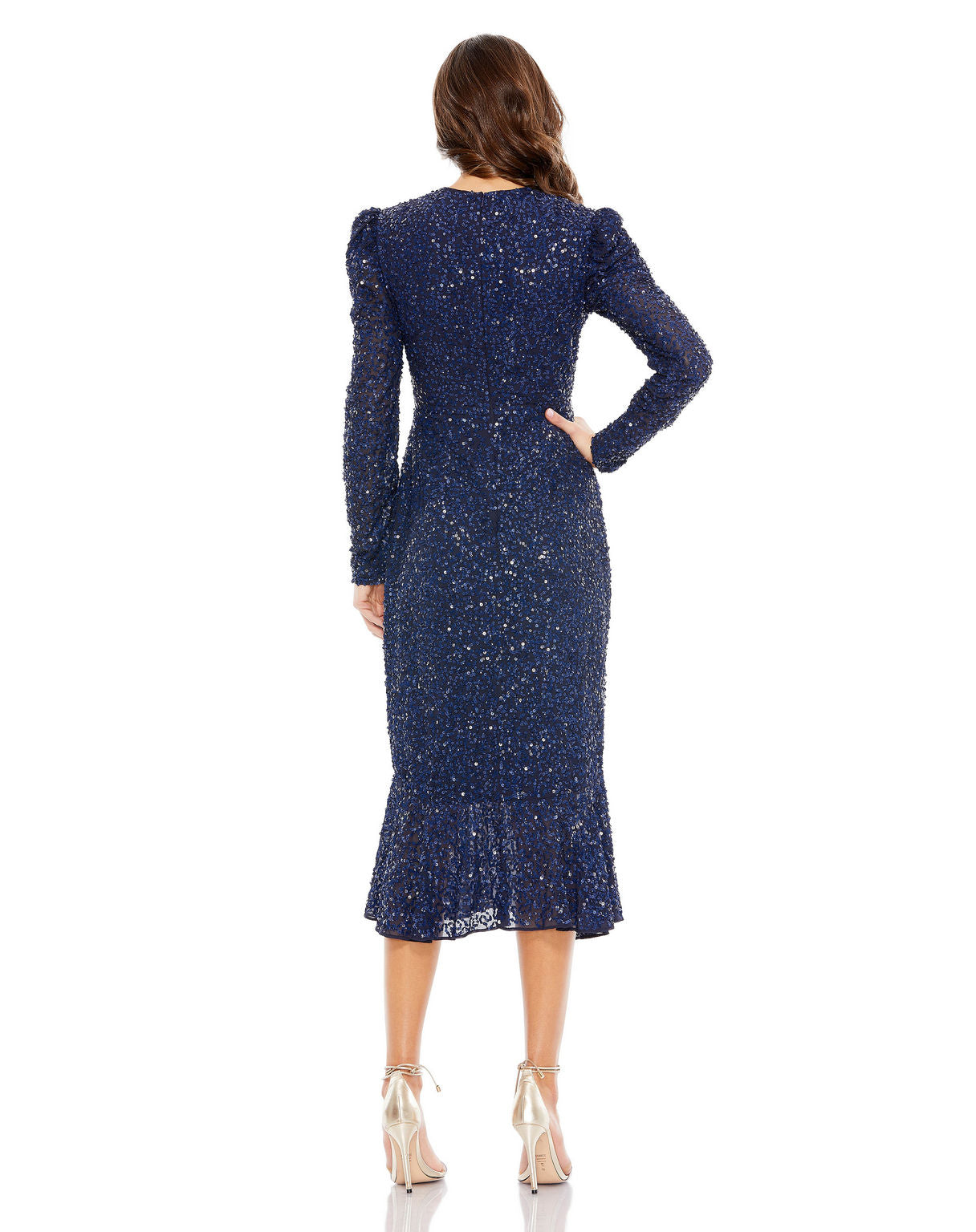 Mac Duggal 10865 Long Sleeve Formal Sequin Midi Dress
