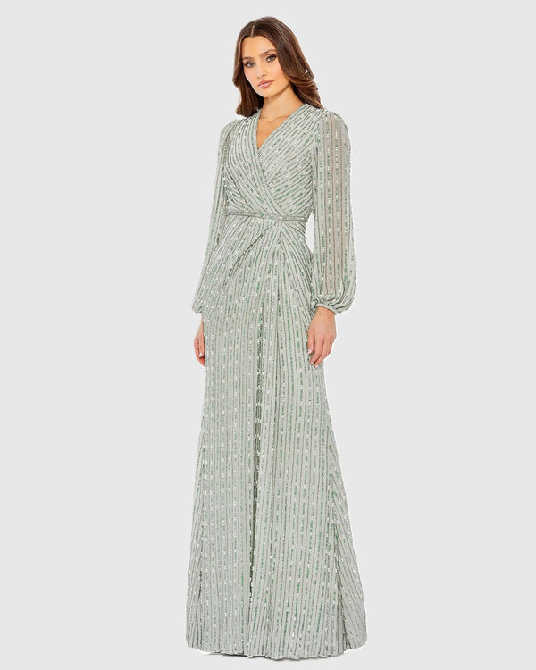 V-Neck Floor-Length Sequined Evening Gown with Long Bishop Sleeves Mac Duggal 10871