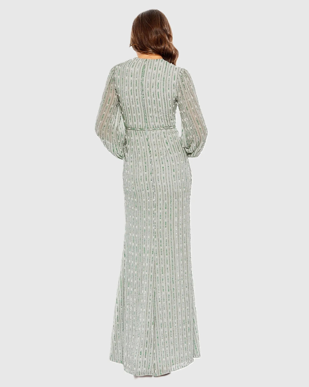 Sage V-Neck Floor-Length Sequined Evening Gown with Long Bishop Sleeves Mac Duggal 10871