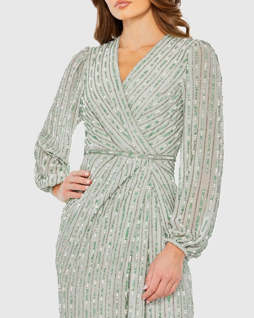 Sage V-Neck Floor-Length Sequined Evening Gown with Long Bishop Sleeves Mac Duggal 10871