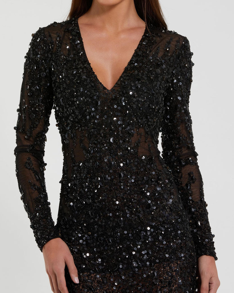Long Sleeve Sheer Embellished Mini Dress - Mac Duggal Black / US 2 Long Sleeve Sheer Embellished Mini Dress - Mac Duggal Black / US 2