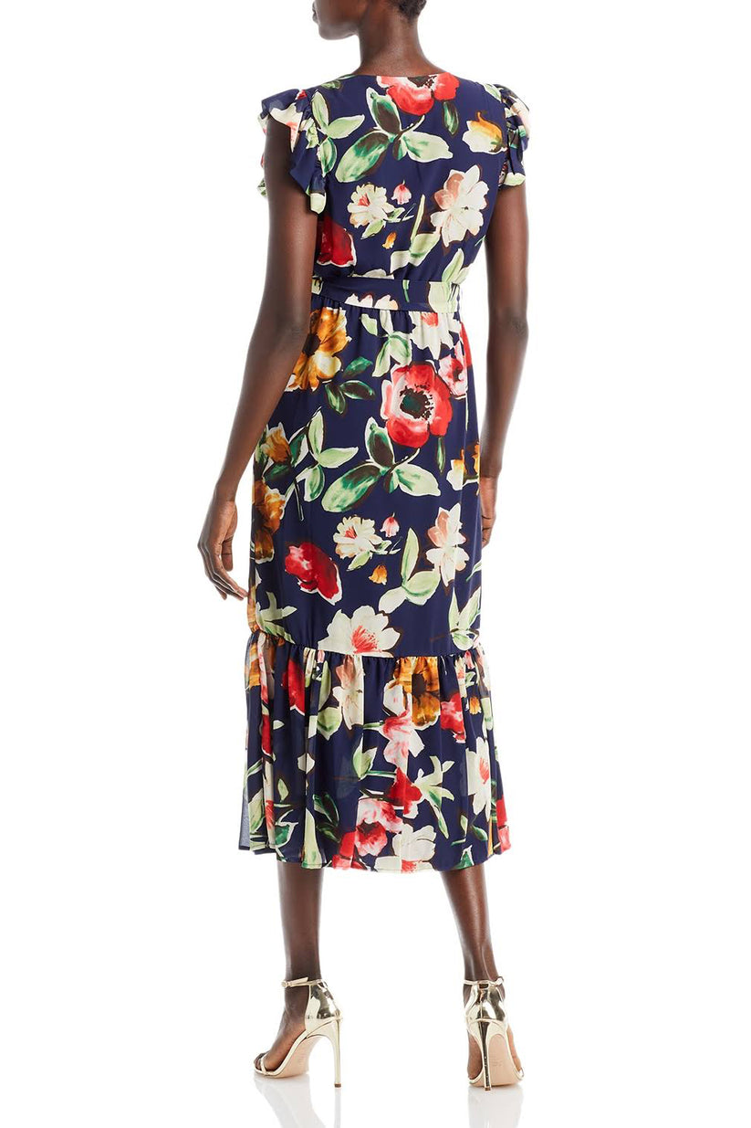 Sam Edelman 10R150 Floral Print Ruffle Midi Cocktail Dress