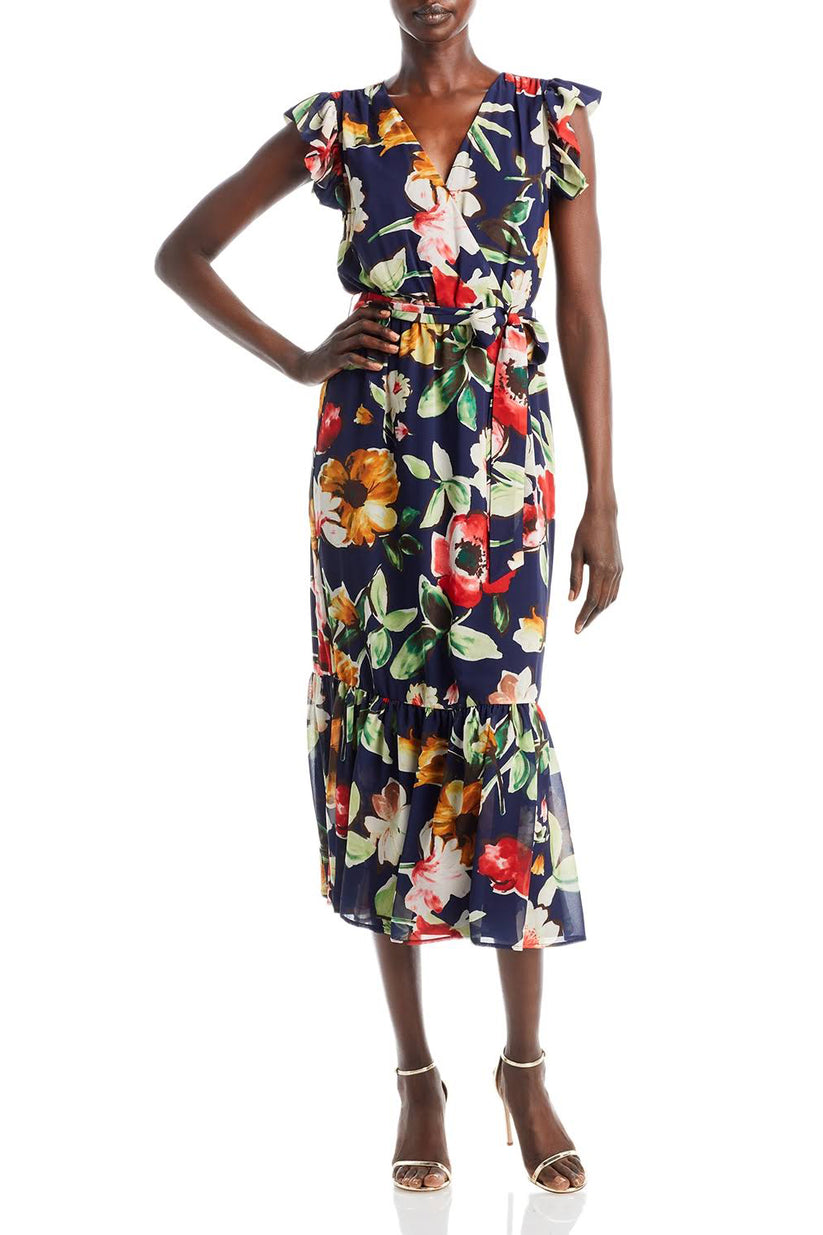 Sam Edelman 10R150 Floral Print Ruffle Midi Cocktail Dress