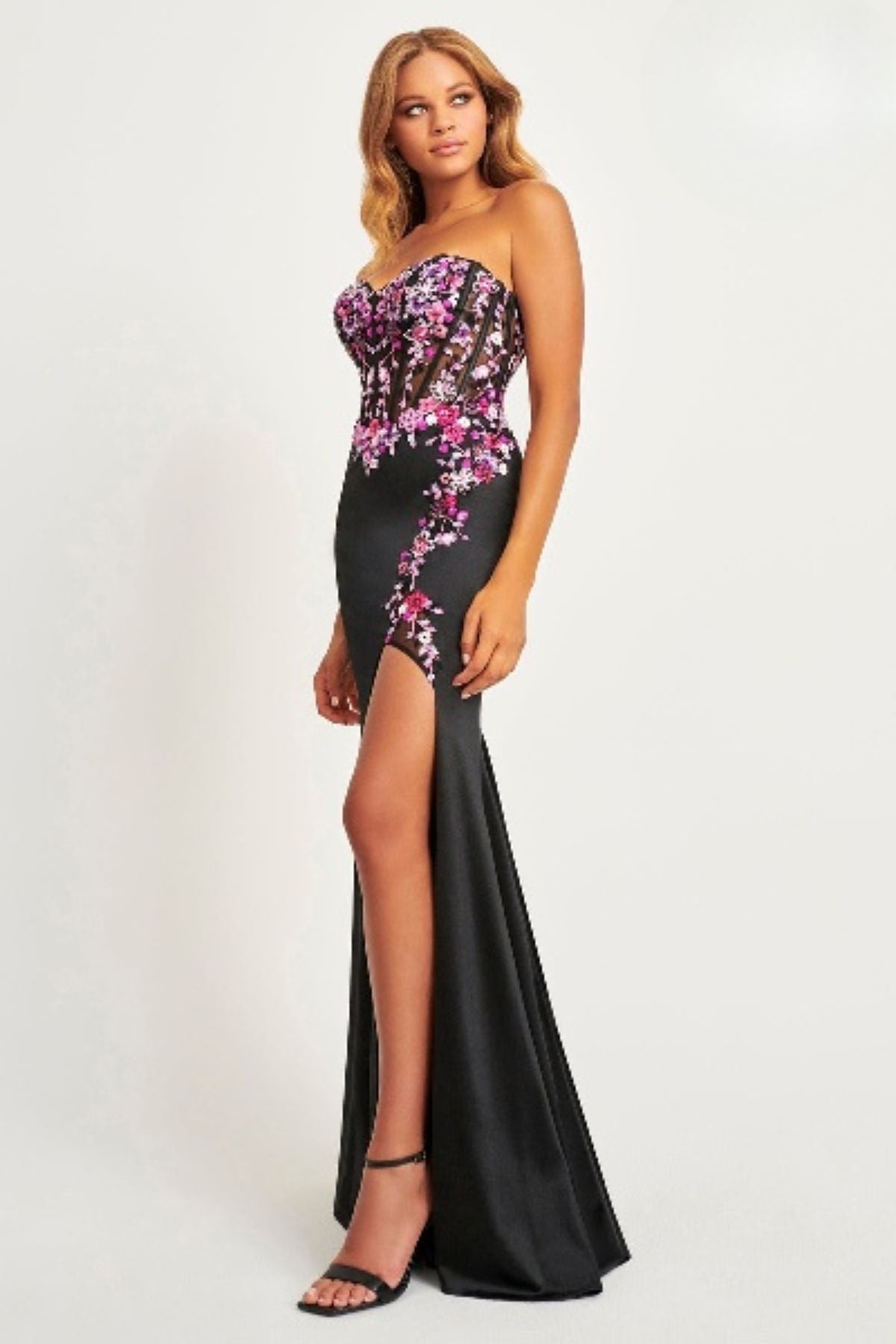 Prom Dresses Floral Long Formal Sequin Applique Evening Prom Dress Black Fuchsia