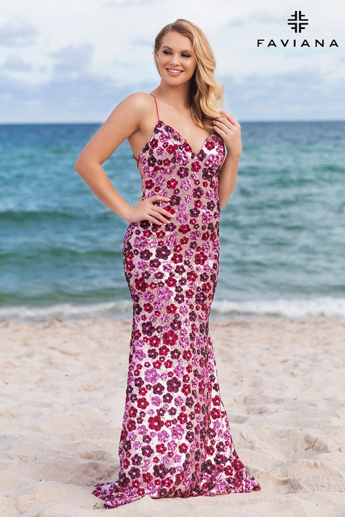 Prom Dresses Long Formal Floral Sequin Evening Prom Dress Pink/Silver