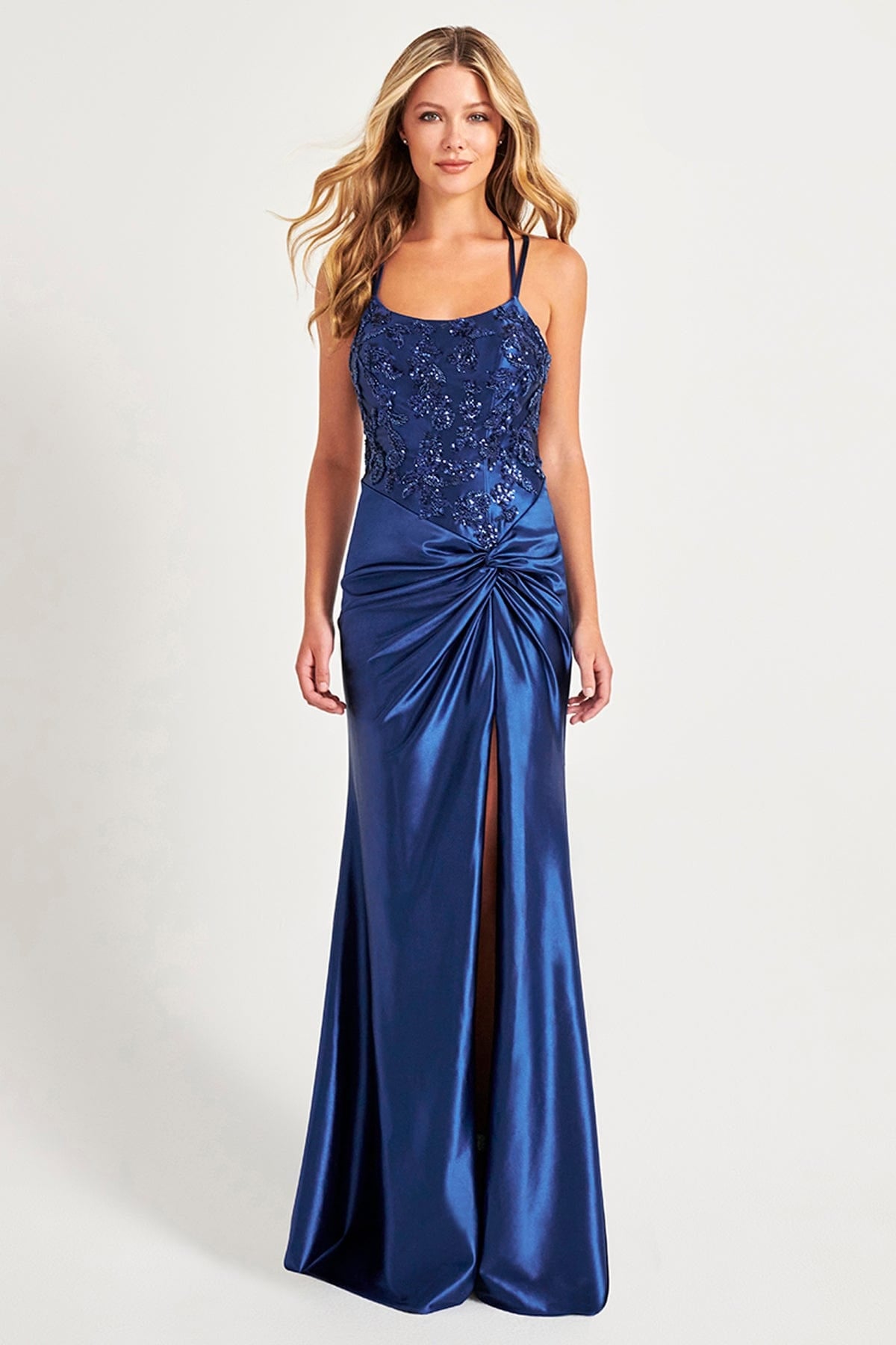 Prom Dresses Fitted Long Formal Sequin Slit Prom Dress Navy