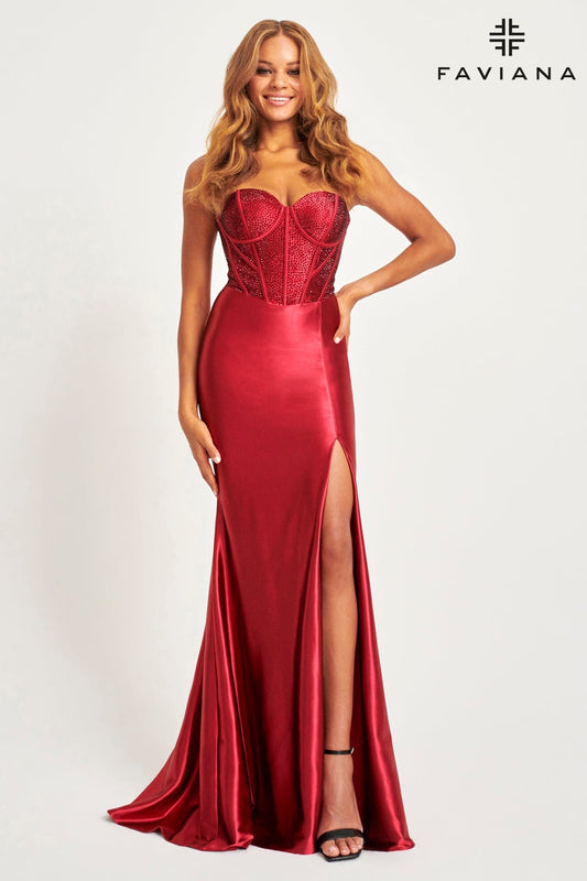Prom Dresses Long Formal Fitted Slit Corset Prom Dress Wine