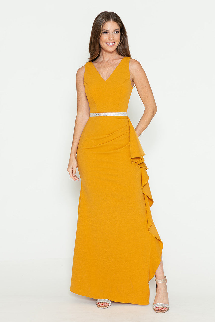 Prom Dresses Ruffle Formal Slit Long Prom Dress Lenovia 5287 Mustard
