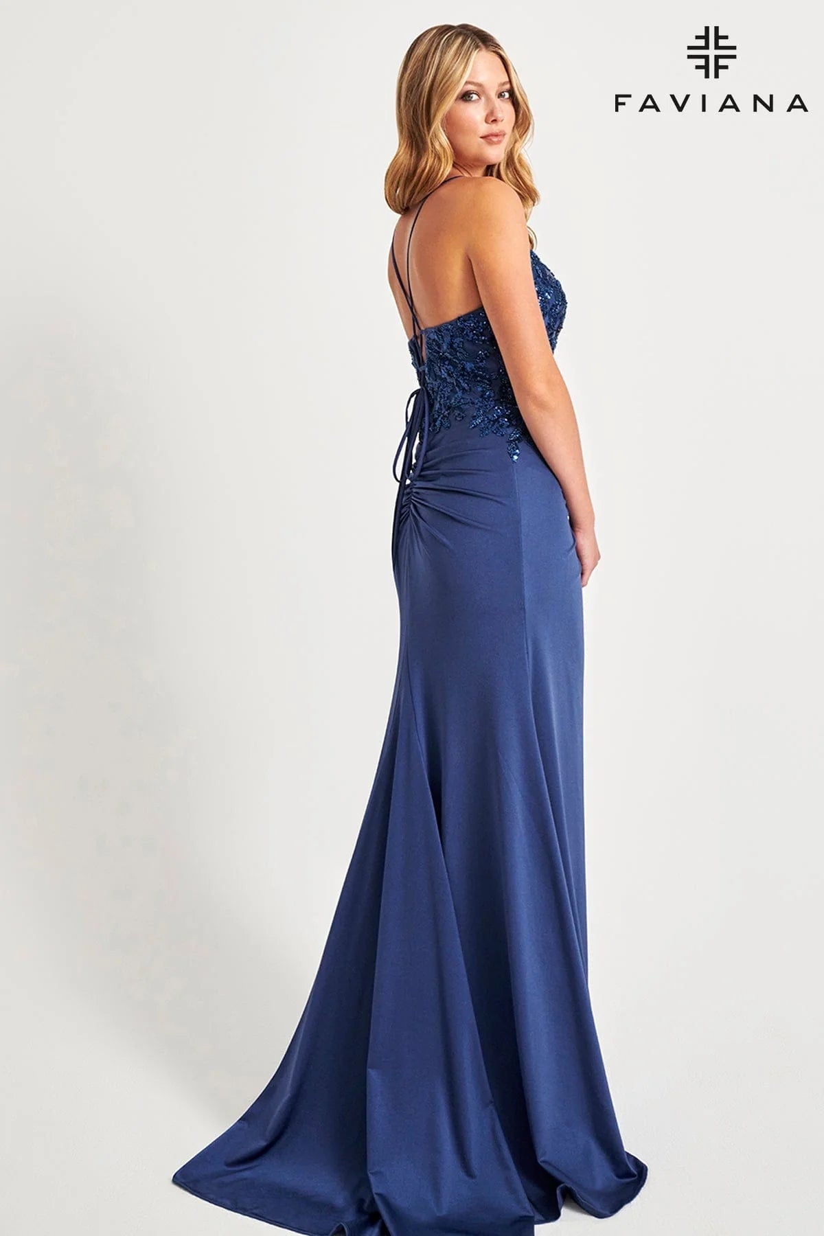 Faviana 11018E Long Pleated Formal Applique Slit Prom Dress