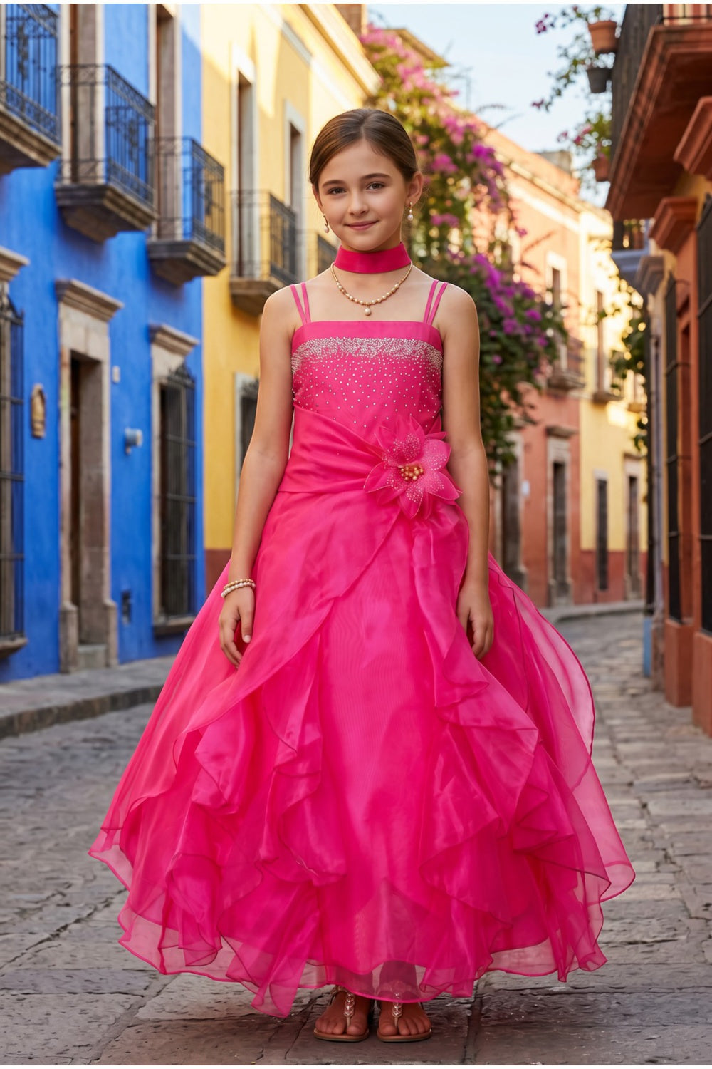 Fuchsia Square Neck Long Organza Flower Girl Dress Cinderella Couture 40053
