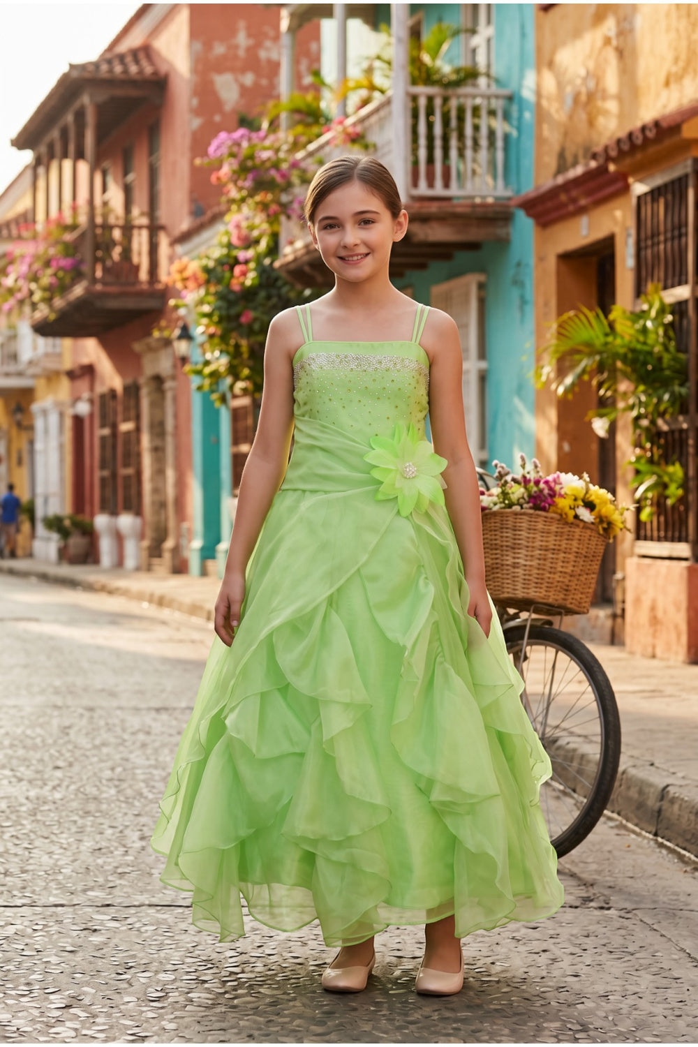 Lime Square Neck Long Organza Flower Girl Dress Cinderella Couture 40053