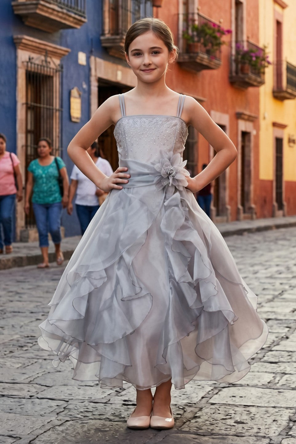 Silver Square Neck Long Organza Flower Girl Dress Cinderella Couture 40053