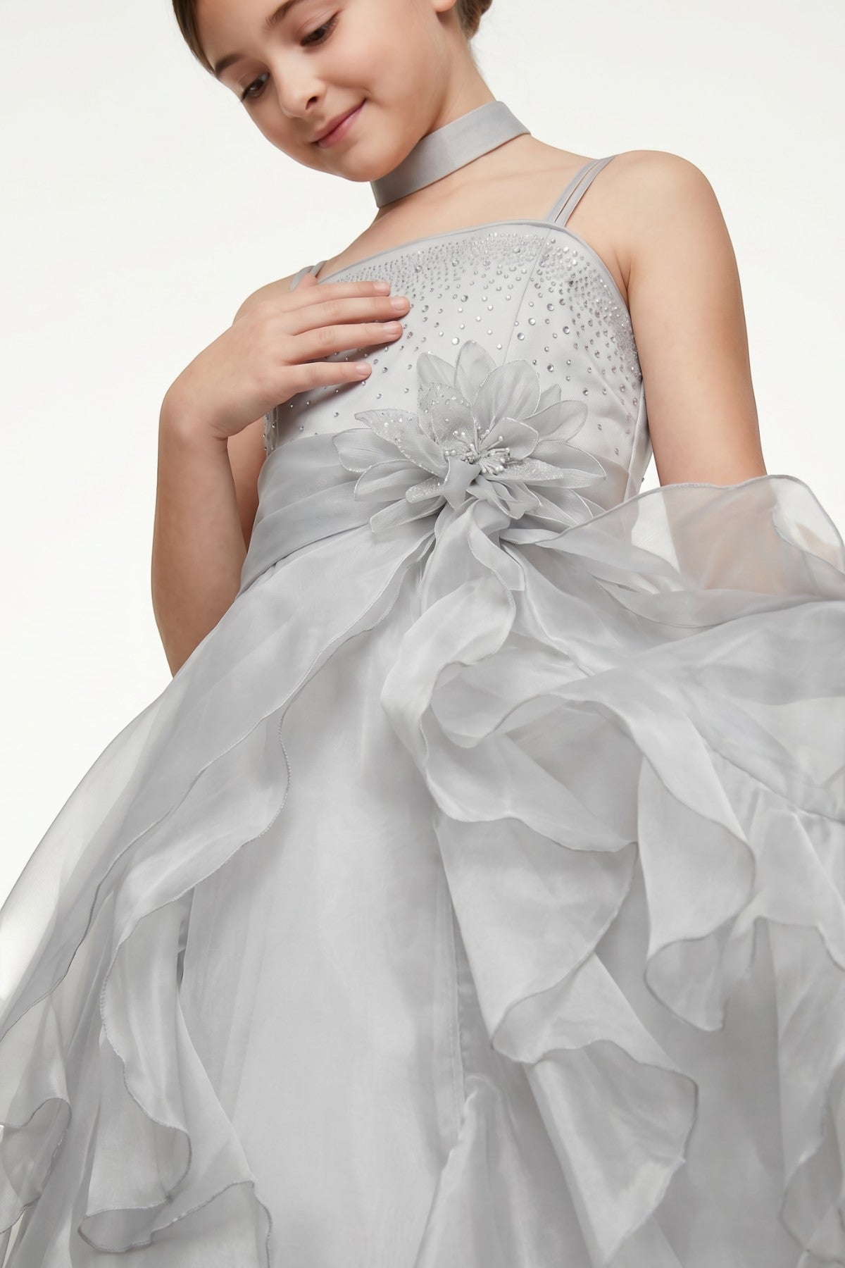 Silver Square Neck Long Organza Flower Girl Dress Cinderella Couture 40053