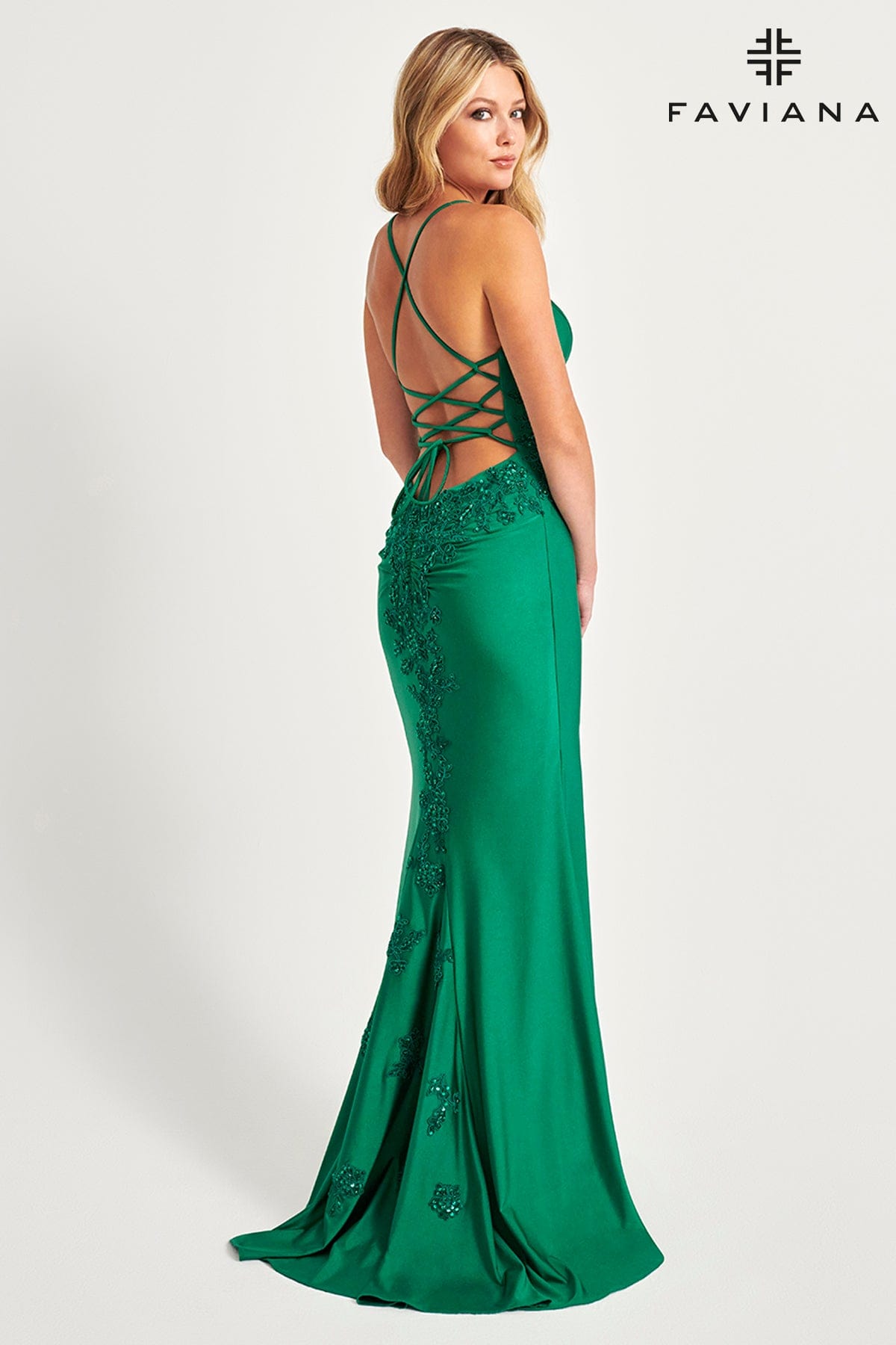 Faviana 11020 Beaded Long Slit Lace Formal Prom Dress