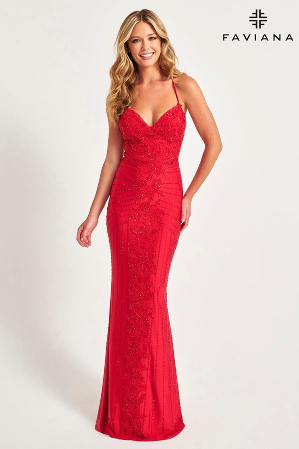 Prom Dresses Long Formal Beaded Lace Evening Prom Dress Ruby