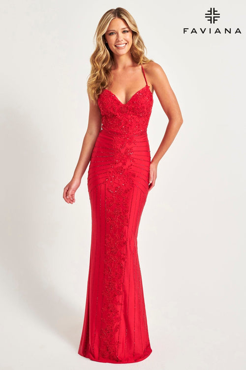 Prom Dresses Long Formal Beaded Lace Evening Prom Dress Ruby