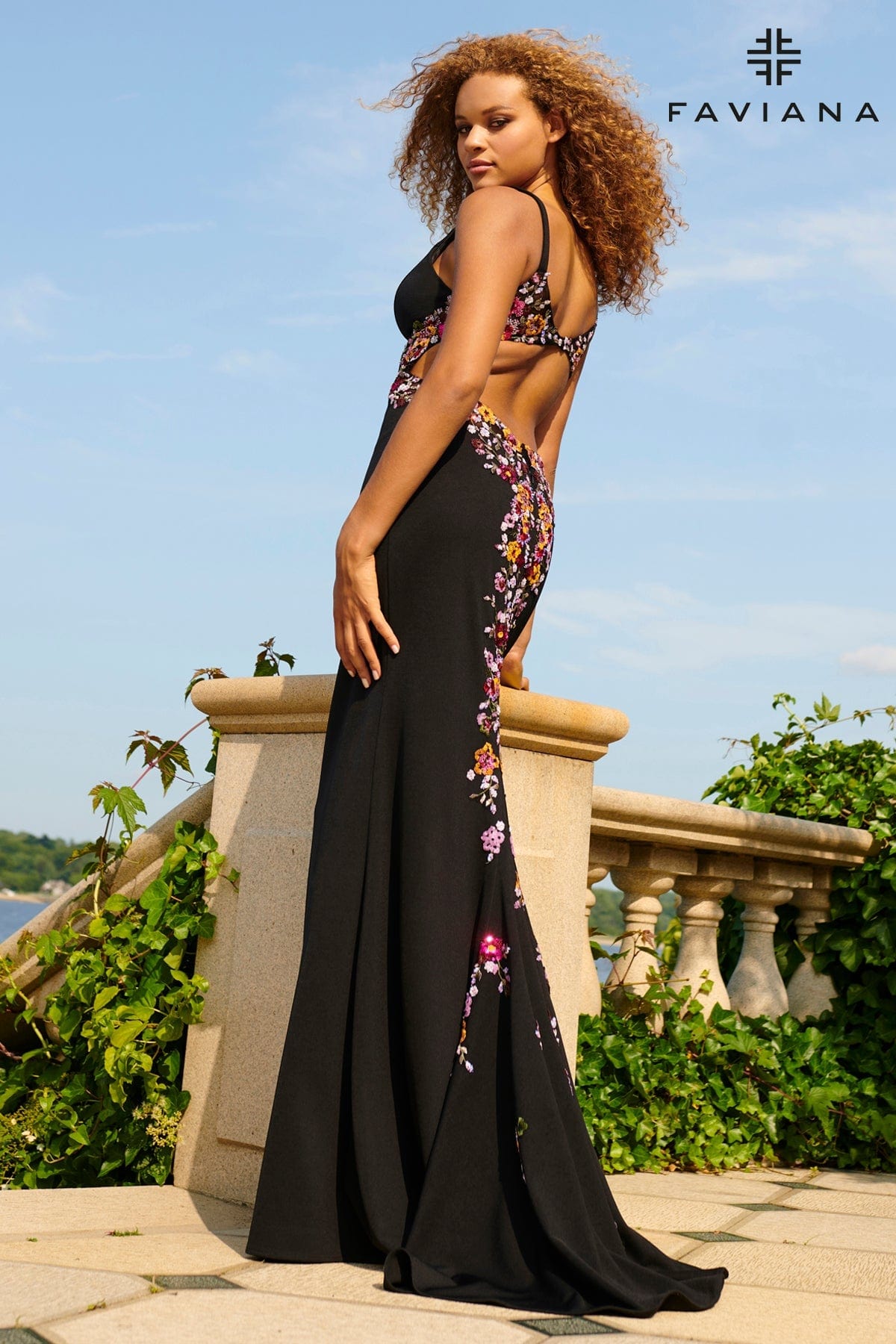 Faviana 11027 Long Prom Floral Applique Formal Dress