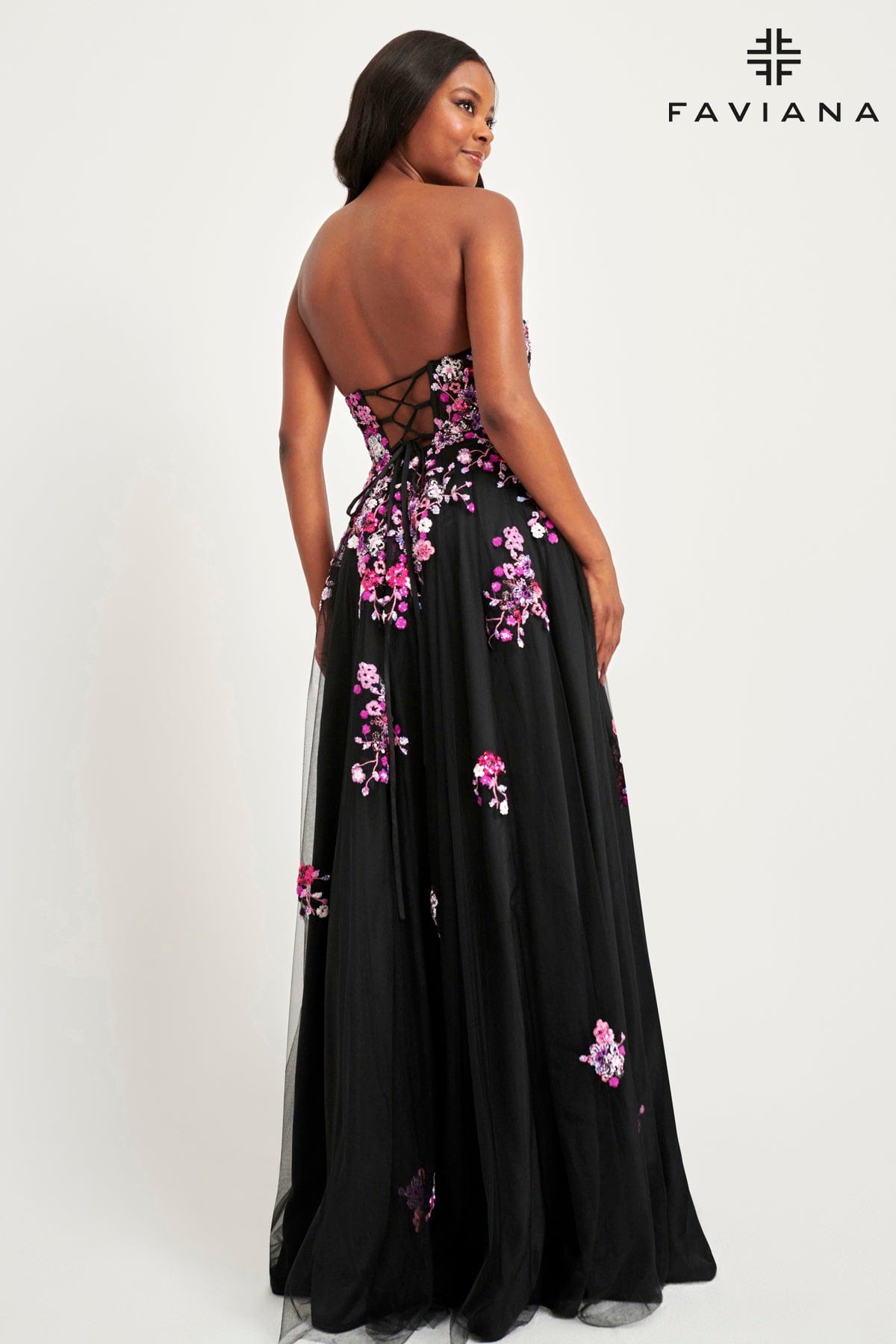 Faviana 11028 A Line Long Formal Floral Applique Prom Dress