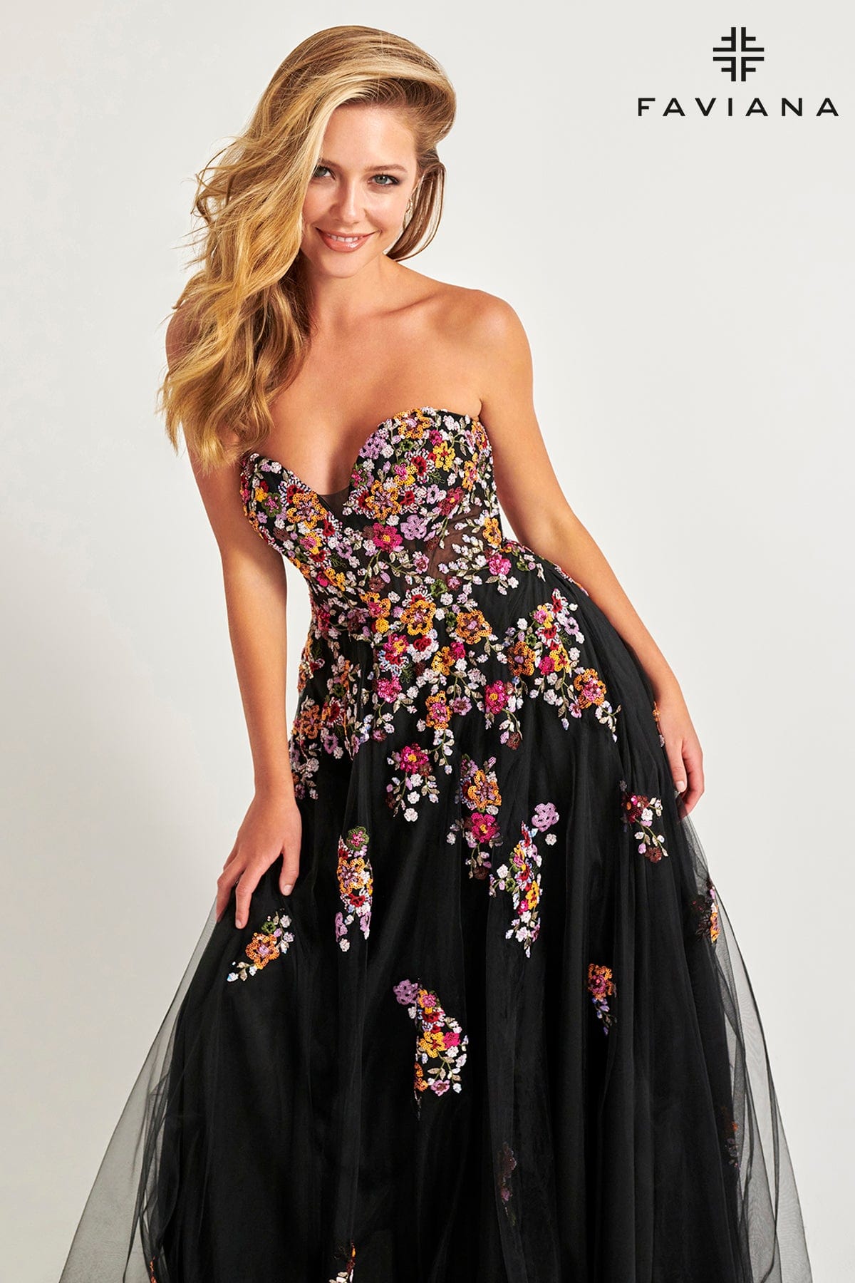 Faviana 11028 A Line Long Formal Floral Applique Prom Dress