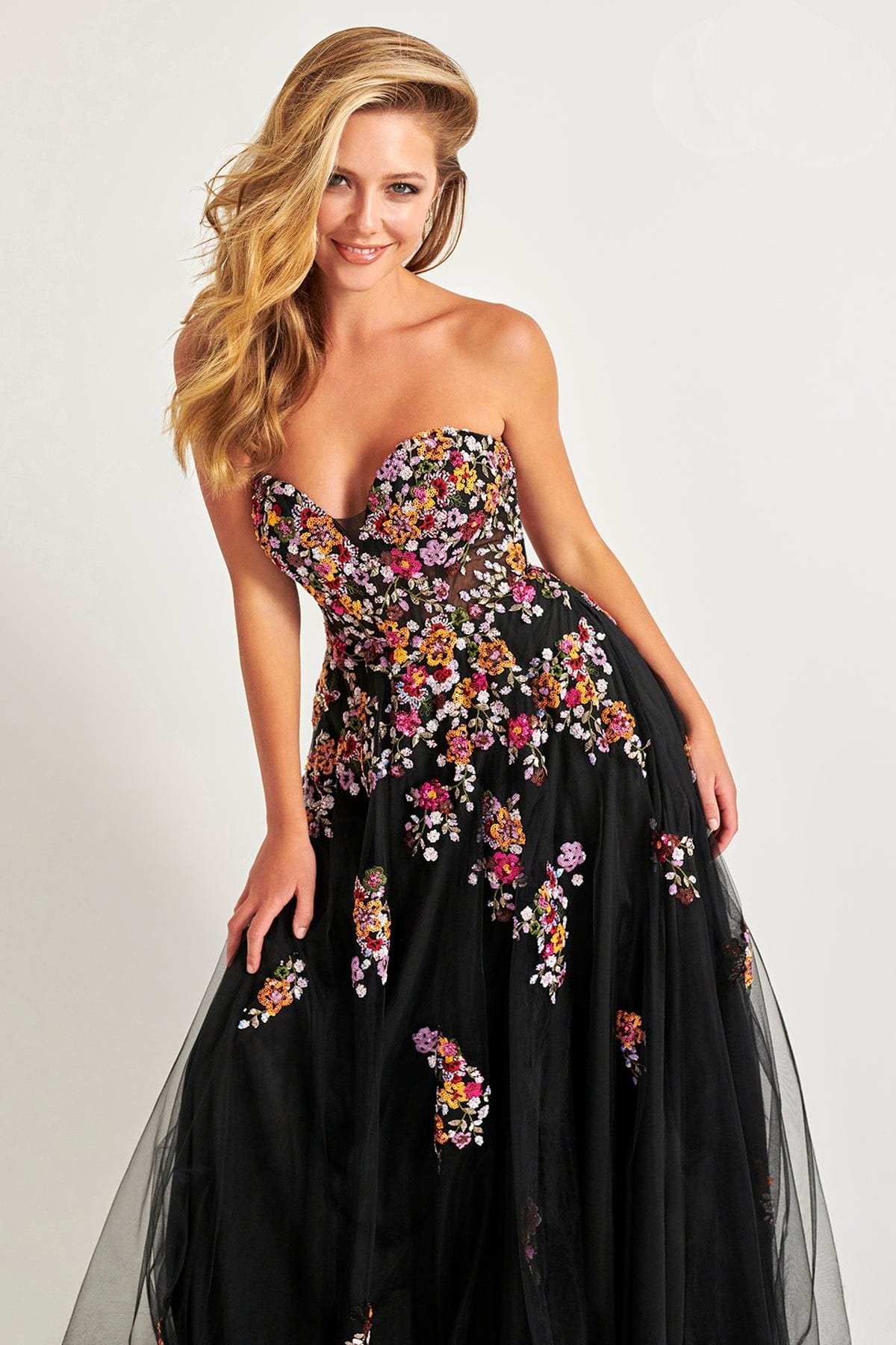 Prom Dresses A Line Long Formal Floral Applique Prom Dress Black Sunburst