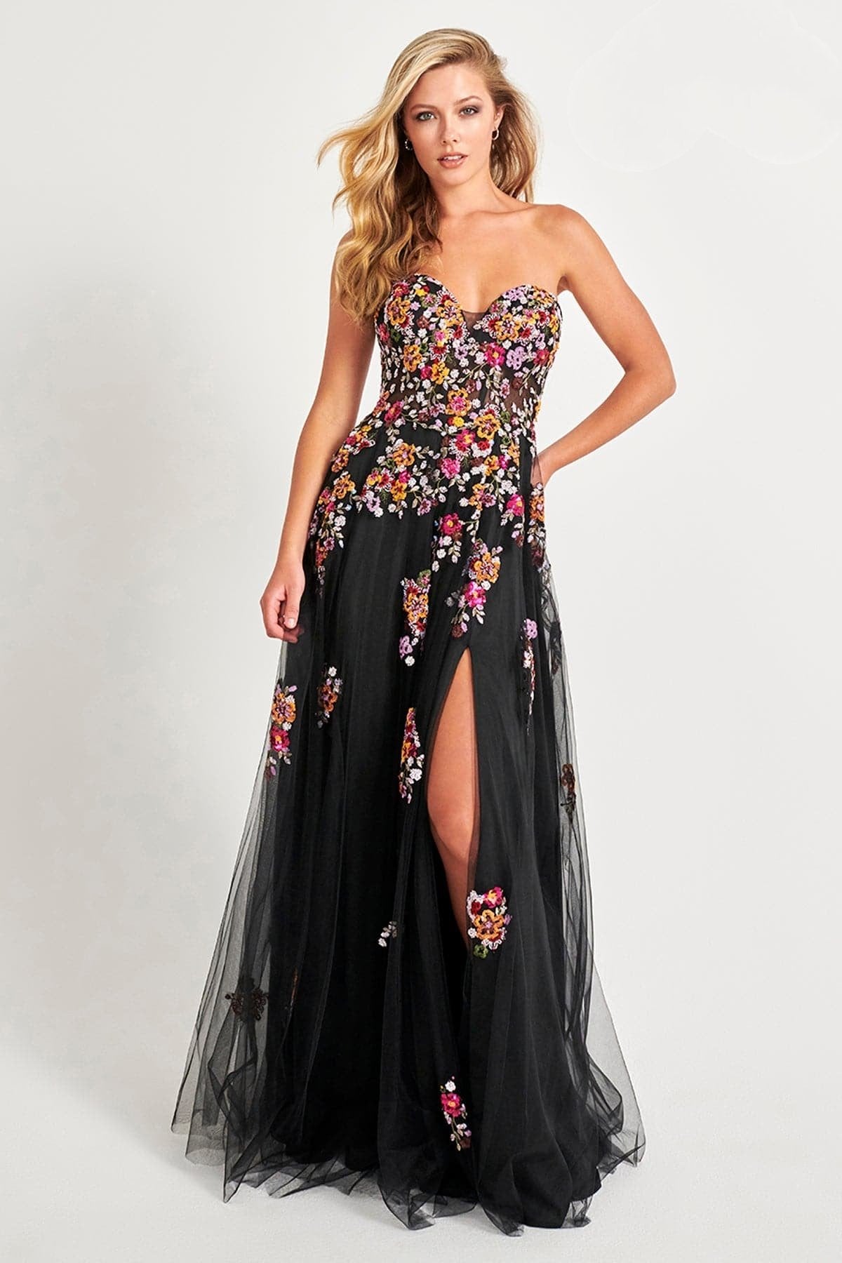 Prom Dresses A Line Long Formal Floral Applique Prom Dress Black Sunburst