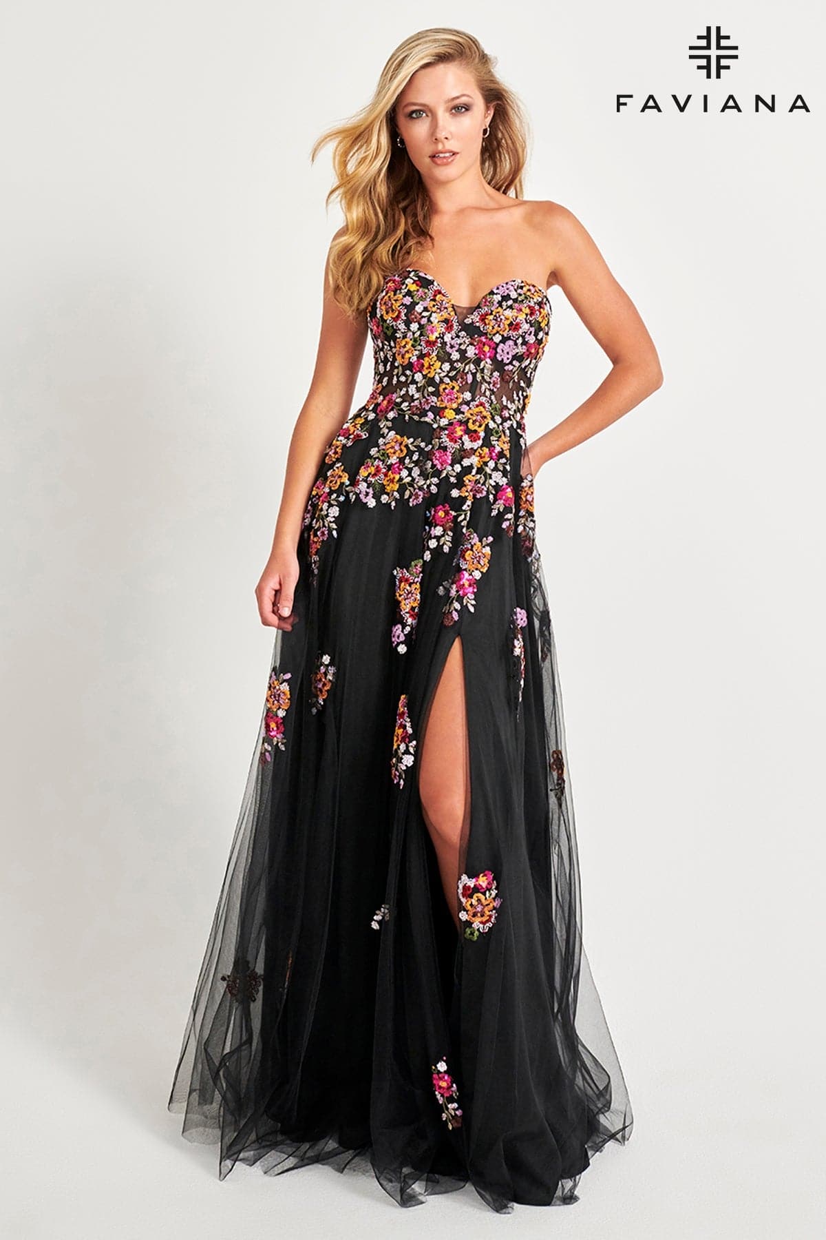 Faviana 11028 A Line Long Formal Floral Applique Prom Dress