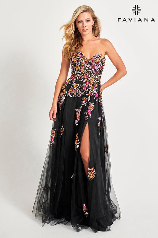 Prom Dresses A Line Long Formal Floral Applique Prom Dress Black Sunburst