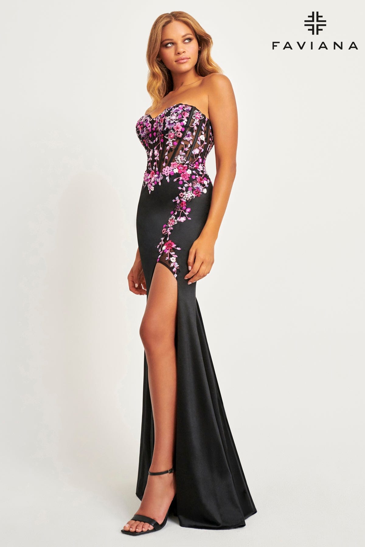 Faviana 11029 Floral Long Formal Sequin Applique Evening Prom Dress